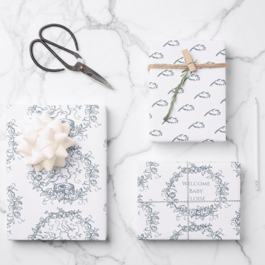 Mix n Match Birds Nest Individuelle Name Baby Dusc Geschenkpapier Set (Vorderseite)