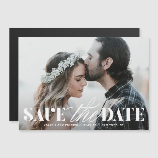Mix Typografy Overlay Modernes Foto Save the Date Magneteinladung (Vorne/Hinten)