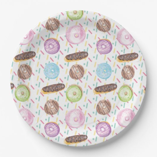 Mix Wasserfarbe Mattiert Donut und Sprinklen Pappteller (Vorderseite)