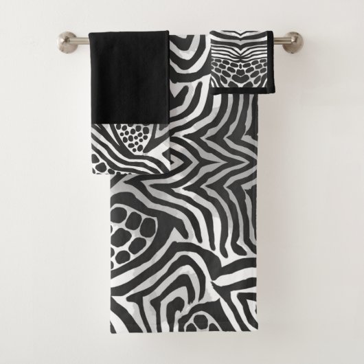 Mixed Animal Print Bademantel Handtuch Set - B&W B (Insitu)