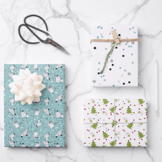 Mixed Christmas Wrap - Santas und Weihnachtsbäume Geschenkpapier Set (Vorderseite)