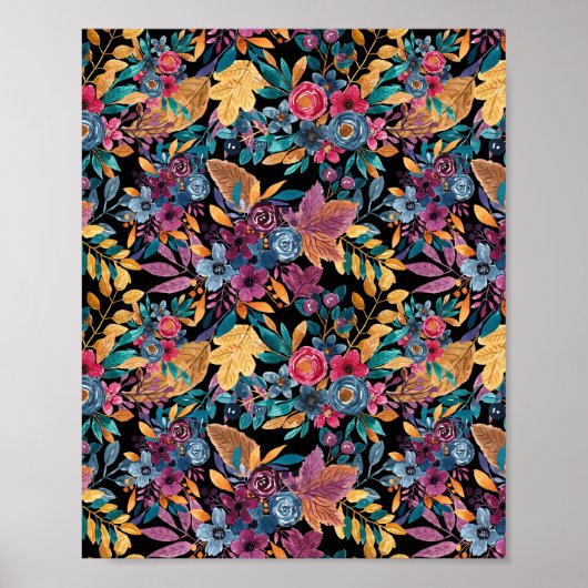 Mixed Fall Floral Blätter Berry Watercolor Muster Poster (Vorne)