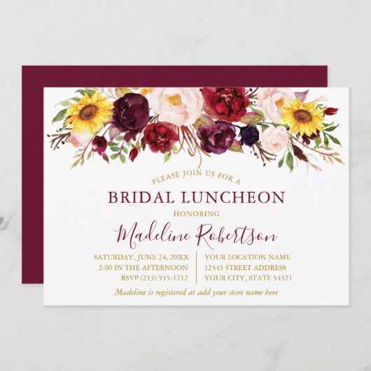 Mixed Floral Burgund Gold Bridal Mittagessen Einladung (Vorne/Hinten)