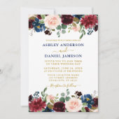 Mixed Floral Burgundy Blue Gold Wedding Einladung (Vorderseite)