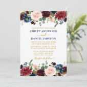 Mixed Floral Burgundy Blue Gold Wedding Einladung (Stehend Vorderseite)