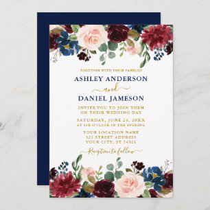 Mixed Floral Burgundy Blue Gold Wedding Einladung
