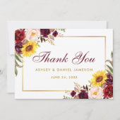 Mixed Floral Burgundy Gold Wedding Dankeskarte (Vorderseite)