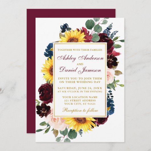 Mixed Floral Wedding Burgundy Gold Einladung (Vorne/Hinten)