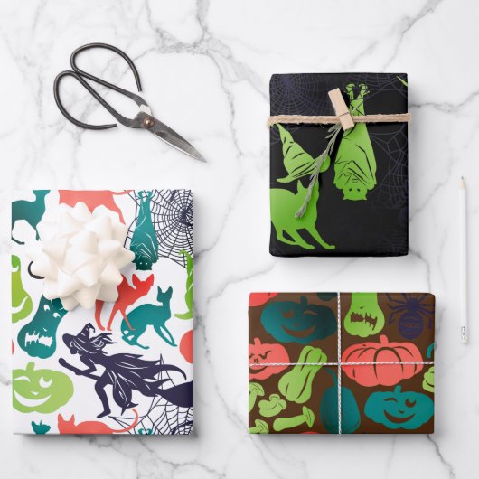 Mixed Halloween Patterns Set von 3 Spooky Fun Geschenkpapier Set (Vorderseite)