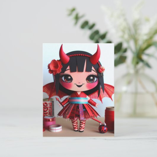 Mixed Media Bat Winged Devil Doll Postkarte (Stehend Vorderseite)