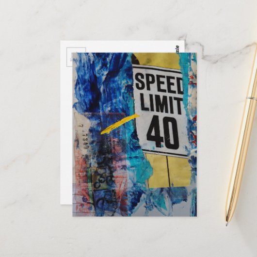 Mixed-Media-Collage Geschwindigkeitsbegrenzung  Postkarte (Vorderseite/Rückseite Beispiel)