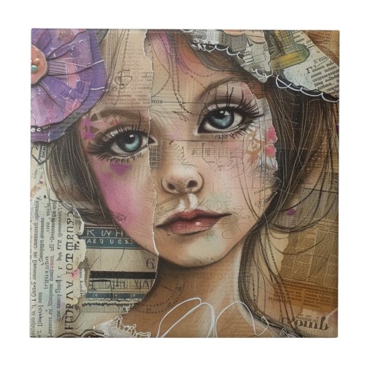 Mixed-Media-Collage-Porträtkunst (1) Fliese (Vorderseite)