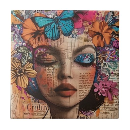 Mixed-Media-Collage-Porträtkunst (7) Fliese (Vorderseite)