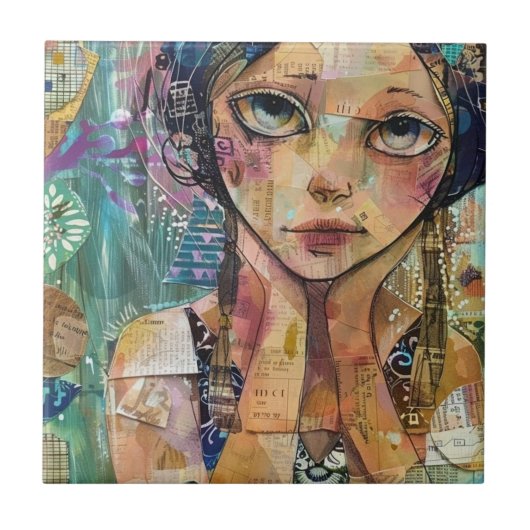 Mixed-Media-Collage-Porträtkunst (8) Fliese (Vorderseite)
