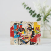 Mixed-Media-Gesicht-und-Blumen-Collage Postkarte (Stehend Vorderseite)