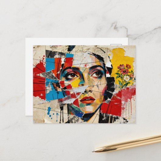 Mixed-Media-Gesicht-und-Blumen-Collage Postkarte (Vorderseite/Rückseite Beispiel)