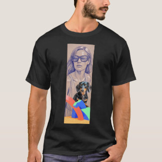 Mixed-Media-Illustration einer Frau und eines Dach T-Shirt