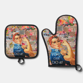 Mixed Media Inspirational Rosie the Riveter Ofenhandschuh & Topflappen-Set
