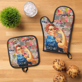 Mixed Media Inspirational Rosie the Riveter Ofenhandschuh & Topflappen-Set