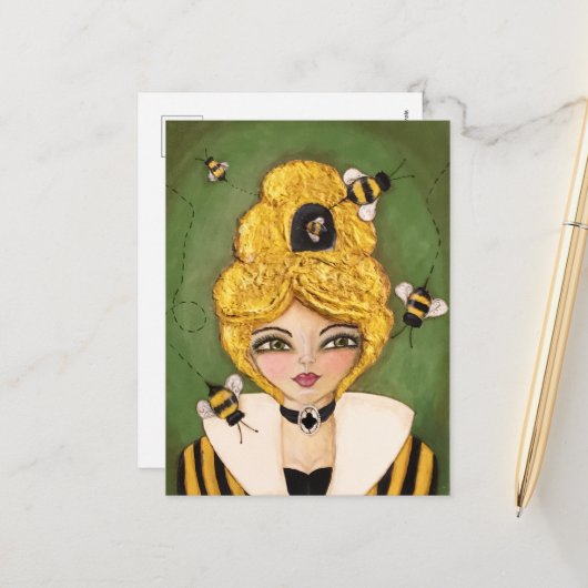 Mixed Media Queen beve Hive Girl Fun Whimsical Art Postkarte (Vorderseite/Rückseite Beispiel)