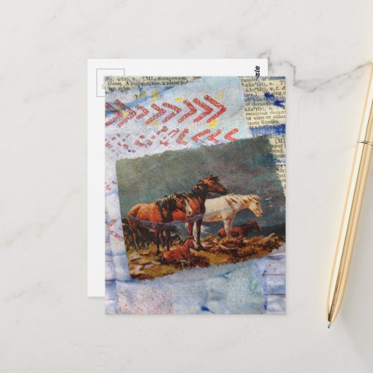 Mixed Media Retro Horses Collage Postkarte (Vorderseite/Rückseite Beispiel)