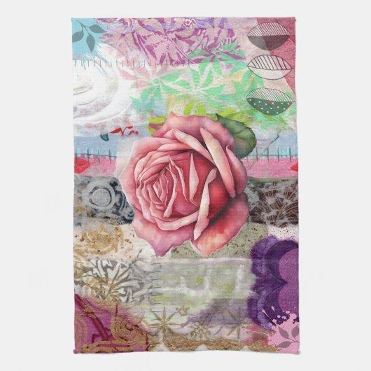 Mixed Media Rose Floral Collage Kitchen Towel Geschirrtuch (Vertikal)