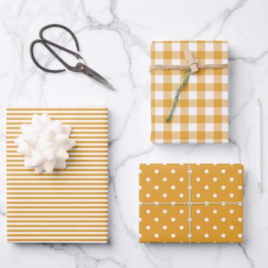 Mixed Patterns Marigold Stripes Gingham Polka Dot Geschenkpapier Set (Vorderseite)