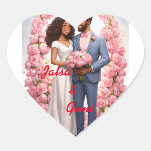 Mixed Race Caricature Couples Wedding Sticker Labe