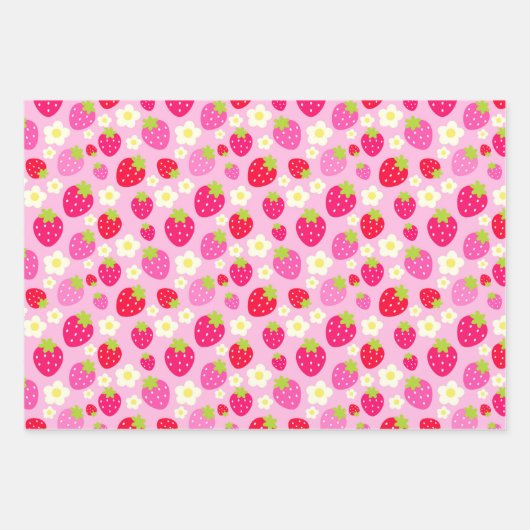 Mixed Rosa & Rote Sommer Erdbeeren & Blume Geschenkpapier Set (Vorderseite 2)