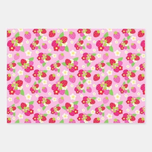 Mixed Rosa & Rote Sommer Erdbeeren & Blume Geschenkpapier Set (Vorderseite 3)