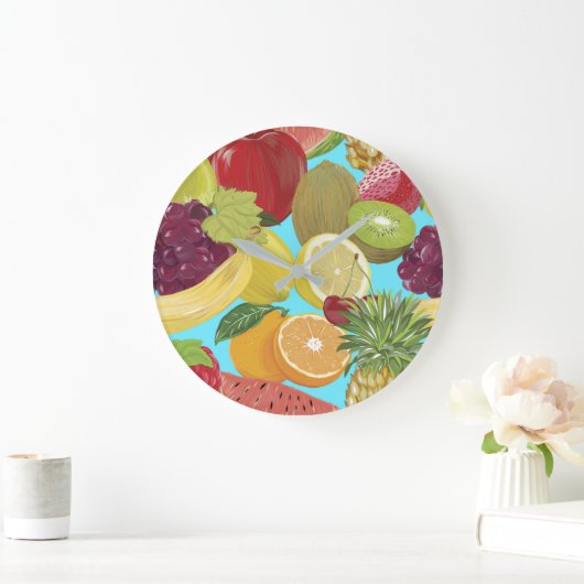 Mixed Tropical Fruit Illustration Pattern Große Wanduhr (Zuhause)
