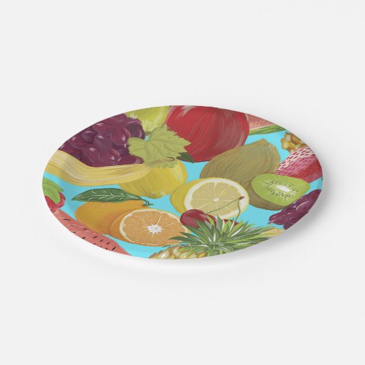 Mixed Tropical Fruit Illustration Pattern Pappteller (Schrägansicht)