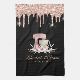Mixer Blumen Rose Gold Tropfen Bäckerei Schwarz  Geschirrtuch