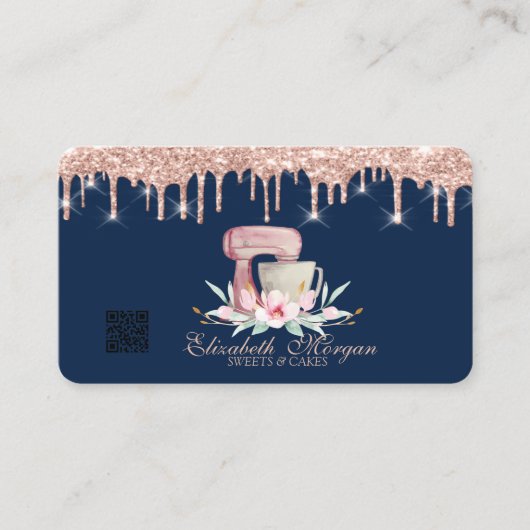 Mixer Floral Rose Gold Tropfen QR Code Navy Blue Visitenkarte (Vorderseite)