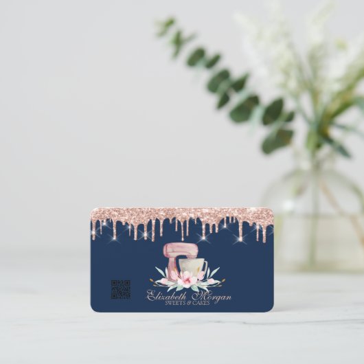 Mixer Floral Rose Gold Tropfen QR Code Navy Blue Visitenkarte (Stehend Vorderseite)