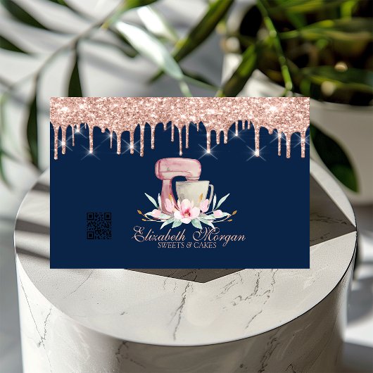 Mixer Floral Rose Gold Tropfen QR Code Navy Blue Visitenkarte