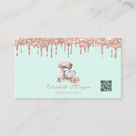 Mixer Hearts Flowers Rose Gold Drips QR Code Visitenkarte (Vorderseite)
