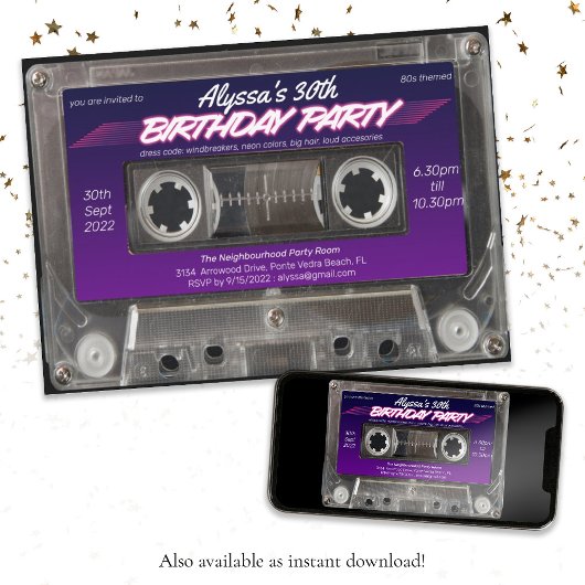Mixtape Kassette Retro 80er Neon Lila Party Einladung