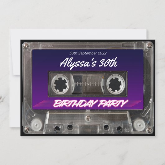 Mixtape Kassette Retro 80er Neon Lila Party Einladung (Rückseite)