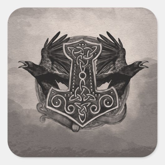 Mjolnir Der Hammer von Thor und Raben Quadratischer Aufkleber (Vorderseite)