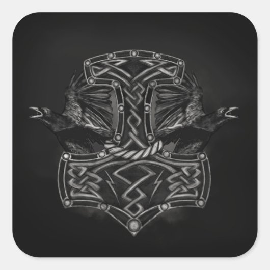 Mjolnir - der Hammer von Thor und von Raben Quadratischer Aufkleber (Vorderseite)