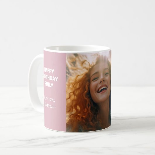 Mled Elegance Misty Rose Happy Birthday Foto Kaffeetasse (Vorderseite Links)