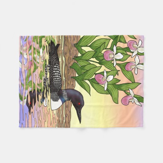 MN Staat Bird Blume Loon Lady Slipper Fleecedecke (Vorderseite (Horizontal))