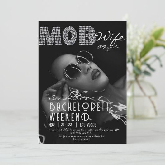 Mob Ehefrau & Tequila Black Bach Junggeselinnen-Ab Einladung (Stehend Vorderseite)