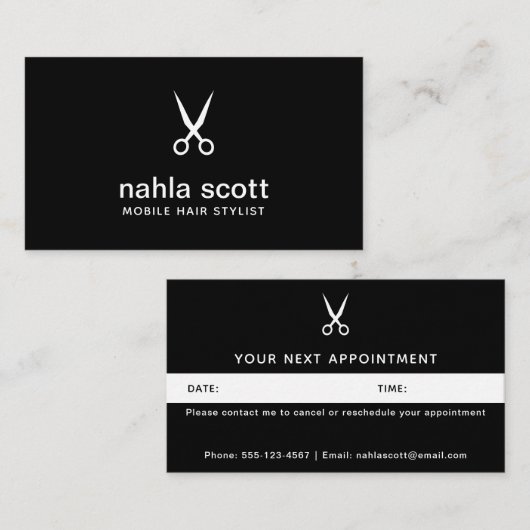 Mobile Hair Stylist Moderne Schwarze Schere Terminkarte (Vorne/Hinten)