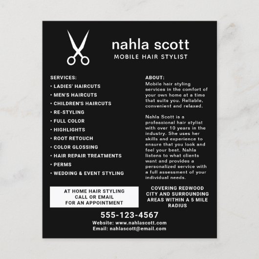 Mobile Hair Stylist Scheren Modernes Schwarz Flyer (Vorne)