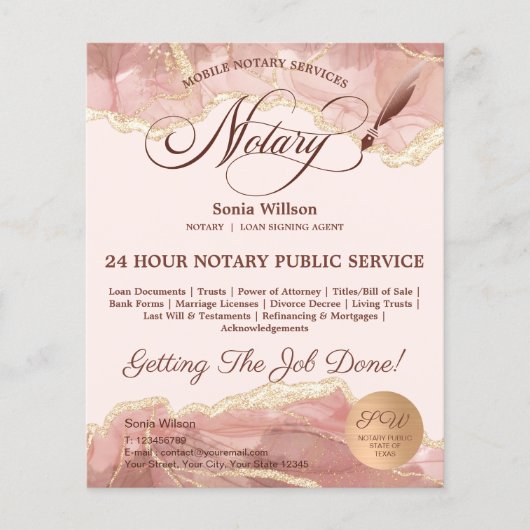 Mobile Notar & Loan Signature Agent Pink Agate Fly Flyer (Vorne)