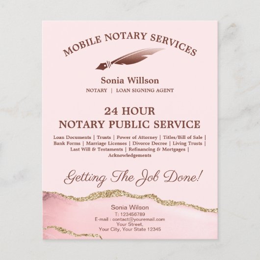 Mobile Notar & Loan Signature Agent Pink Agate Fly Flyer (Vorne)