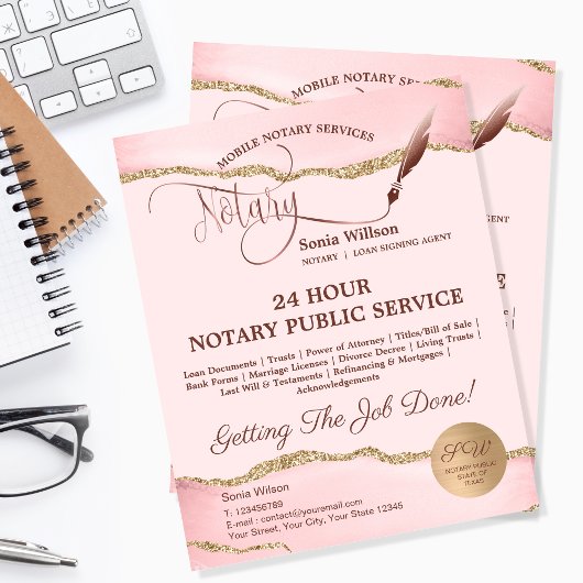 Mobile Notar & Loan Signature Agent Pink Agate Fly Flyer