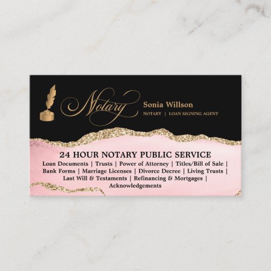 Mobile Notar & Loan Signature Agent Pink Agate Fly Visitenkarte (Vorderseite)